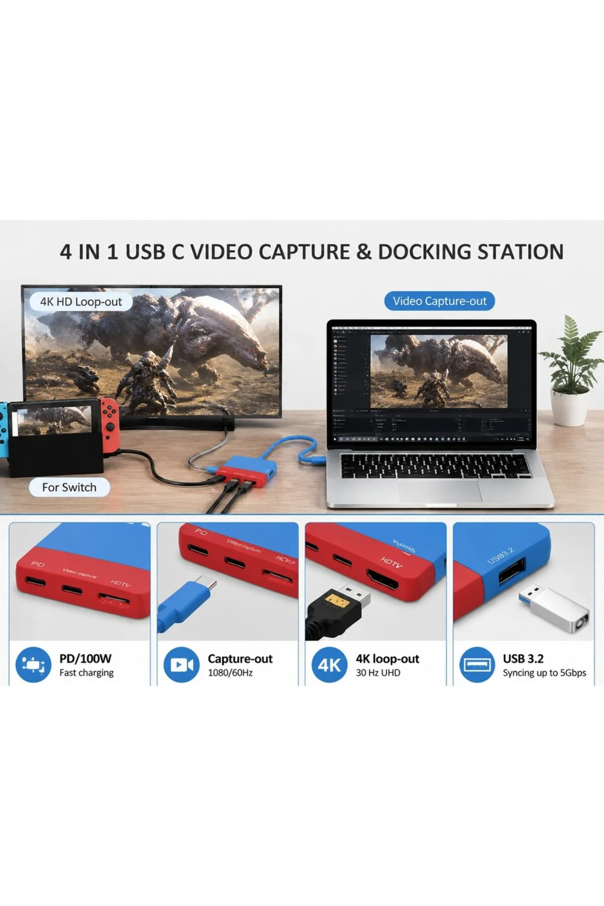 USB-C Video Capture Docking Station 4in1 PD 100W 4K HDMI 1080P 60Hz Capture USB 3.2 Ninte ndo Switch Uyumlu USB-C Video Capture Docking Station 4in1 PD 100W 4K HDMI 1080P 60Hz Capture USB 3.2 Ninte ndo Switch Uyumlu