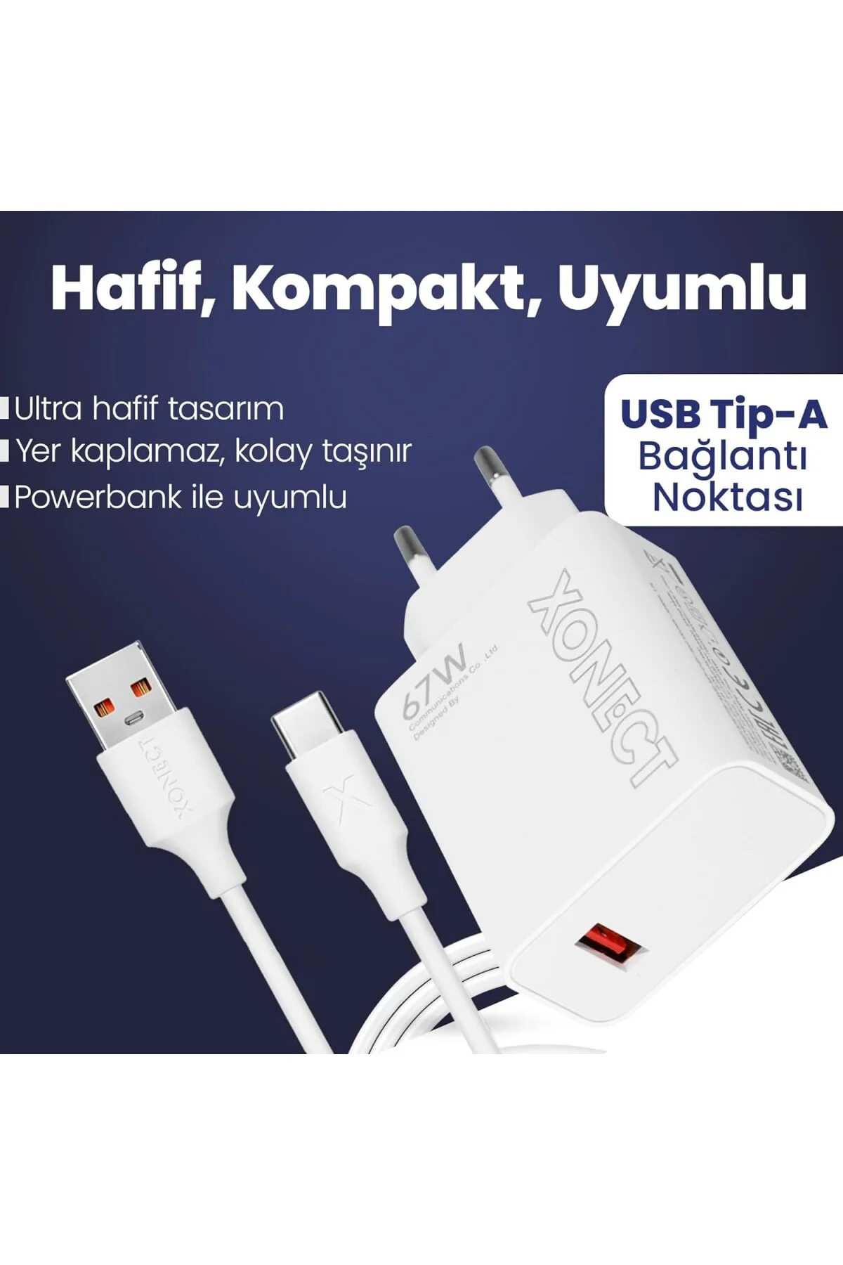 USB Çıkışlı 67W Hızlı Şarj Adaptörü ve 1M USB to Type-C Kablo Seti