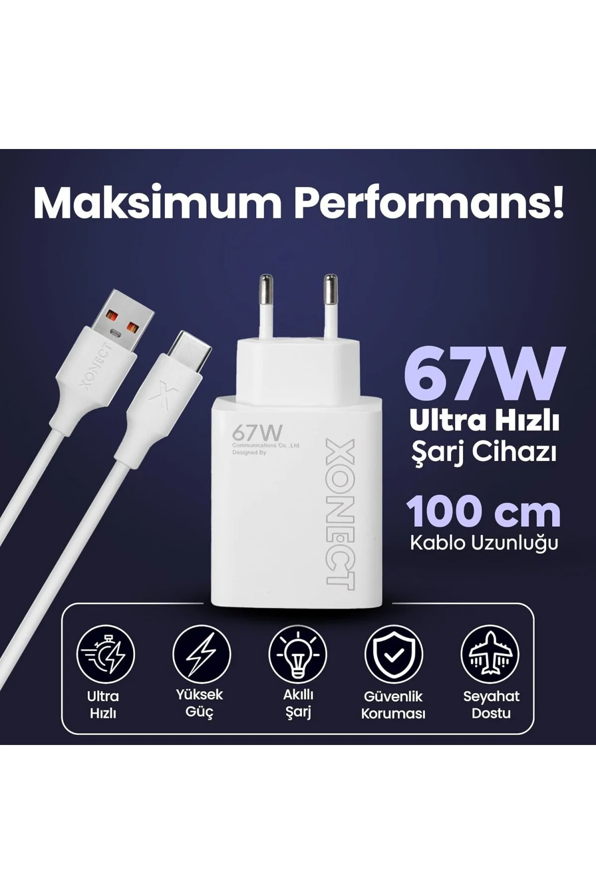 USB Çıkışlı 67W Hızlı Şarj Adaptörü ve 1M USB to Type-C Kablo Seti