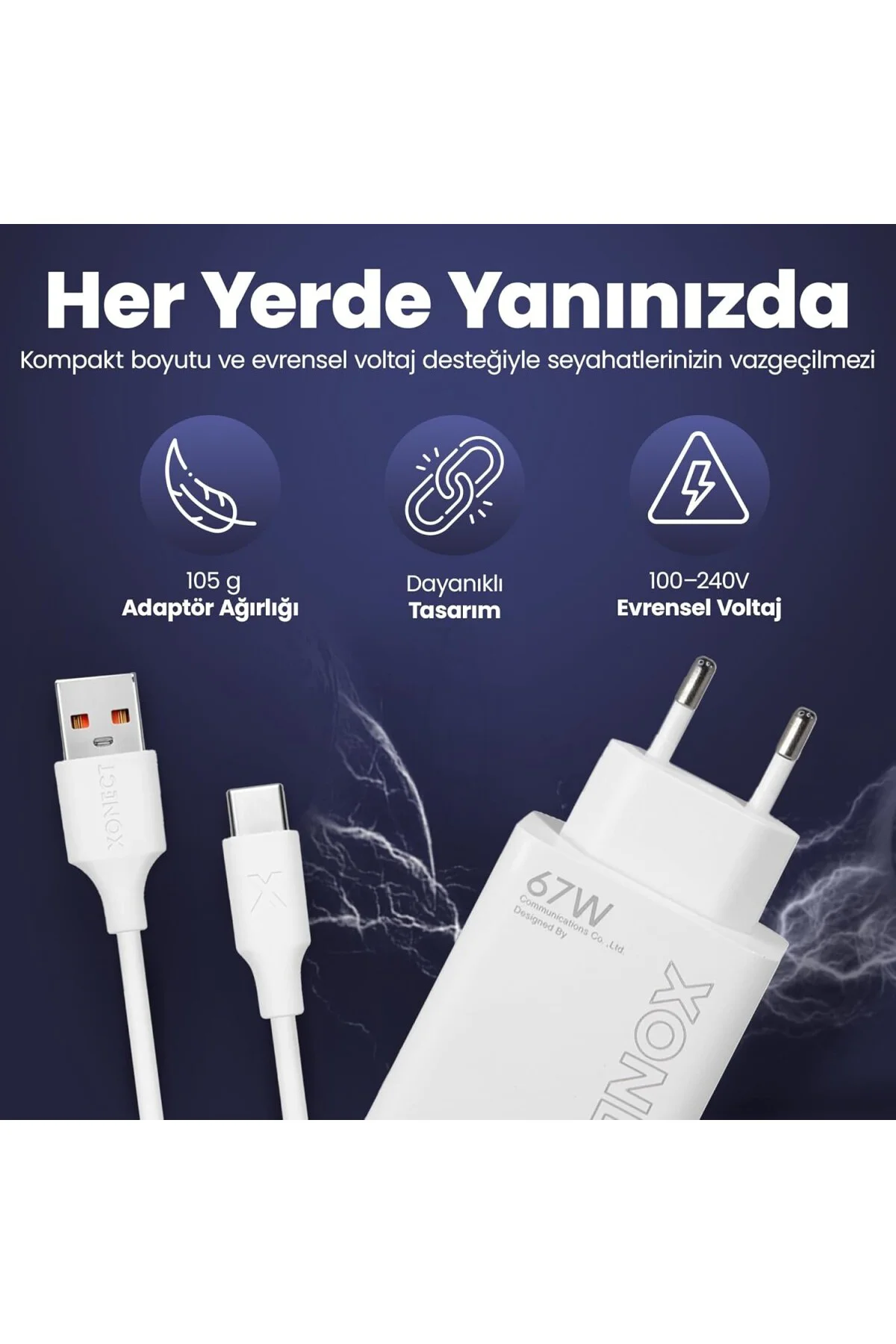 USB Çıkışlı 67W Hızlı Şarj Adaptörü ve 1M USB to Type-C Kablo Seti