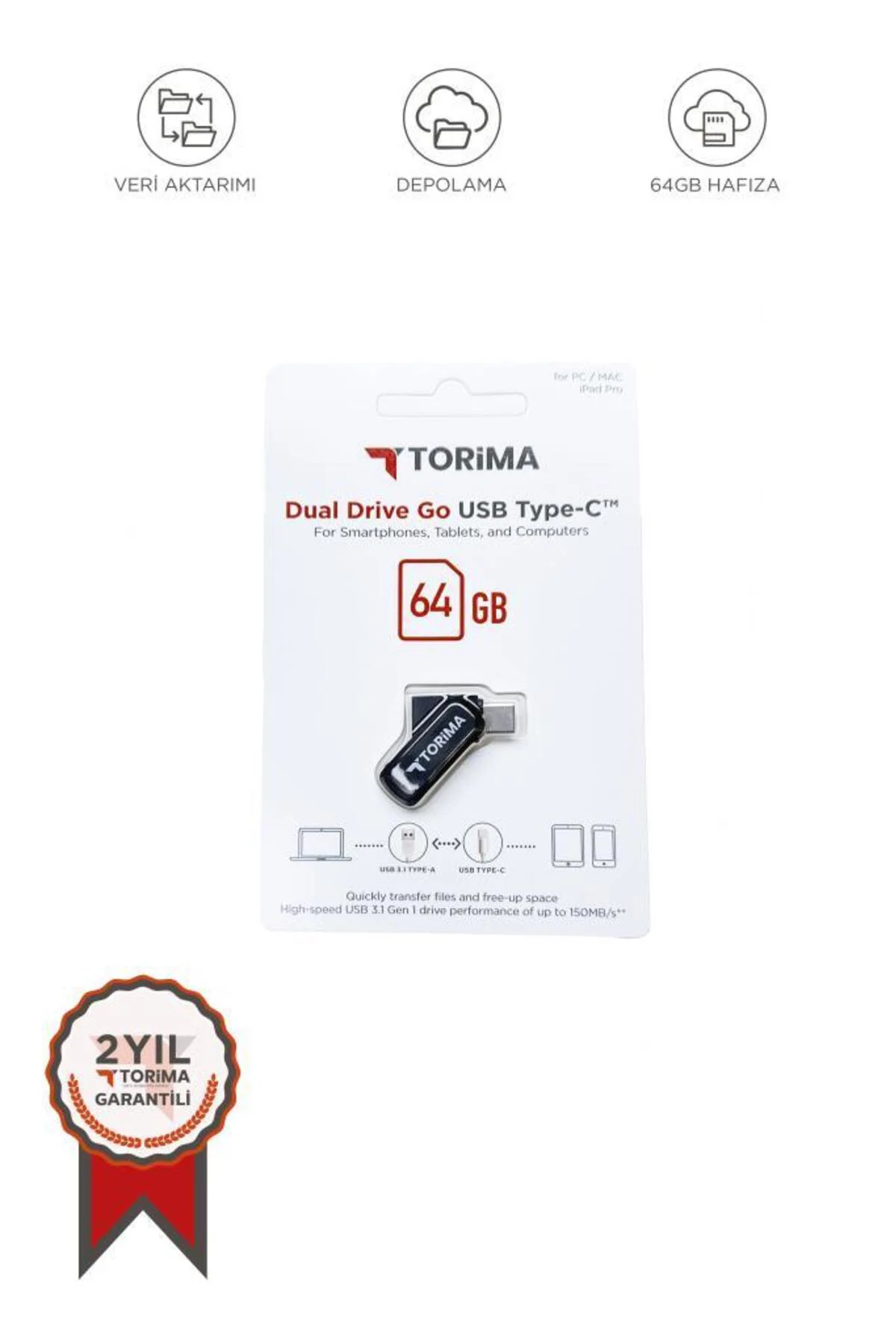 USB Flash Bellek Type C OTG Çift Sürücülü 64GB Siyah