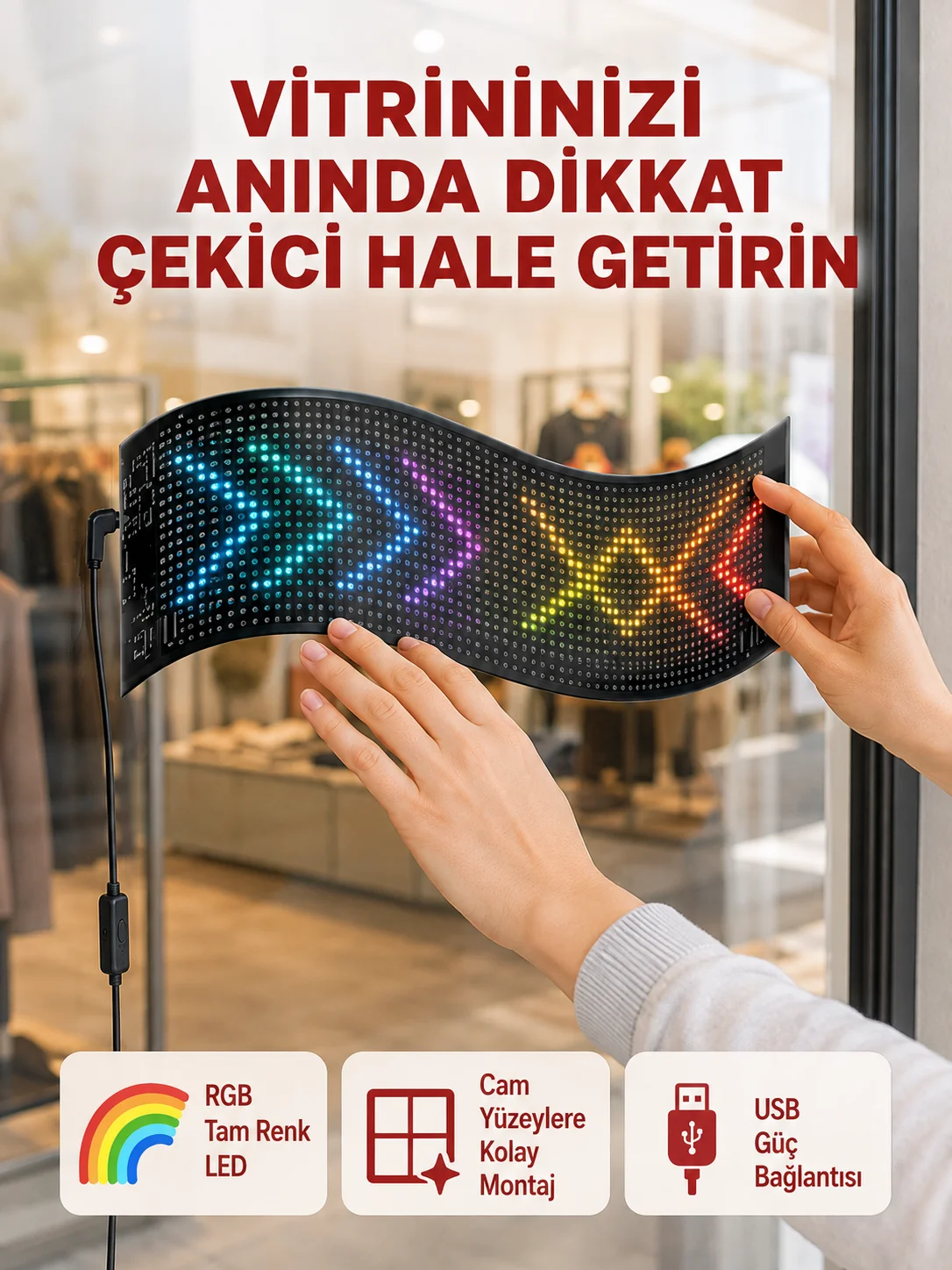 USB Girişli RGB LED Tabela Ayarlanabilir Parlaklık ve Kayan Yazı Özellikli