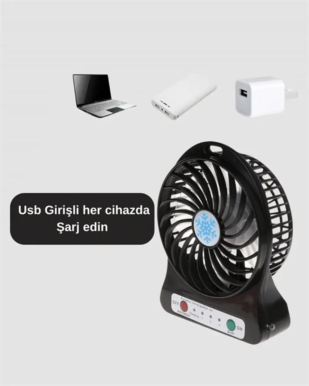 USB Girişli Taşınabilir Masaüstü Mini Fan – 3 Kademeli Hız, Şarjl