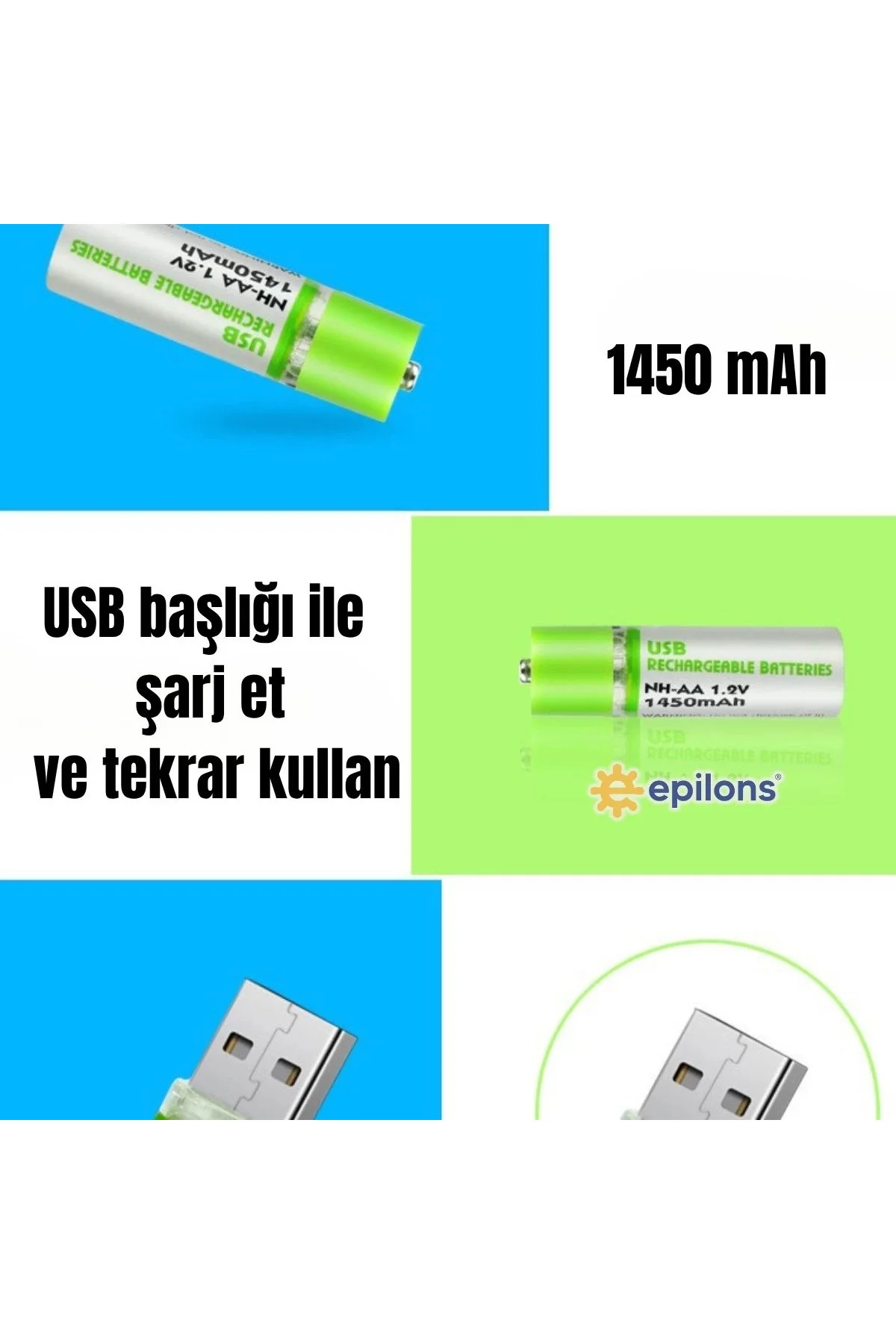 Usb ile Şarj Olabilen 2 li 1450 mah Lityum Şarjlı Kalem Pil ( Lis