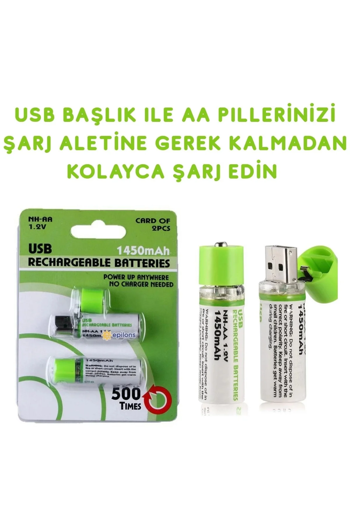Usb ile Şarj Olabilen 2 li 1450 mah Lityum Kalın Şarjlı Kalem Pil