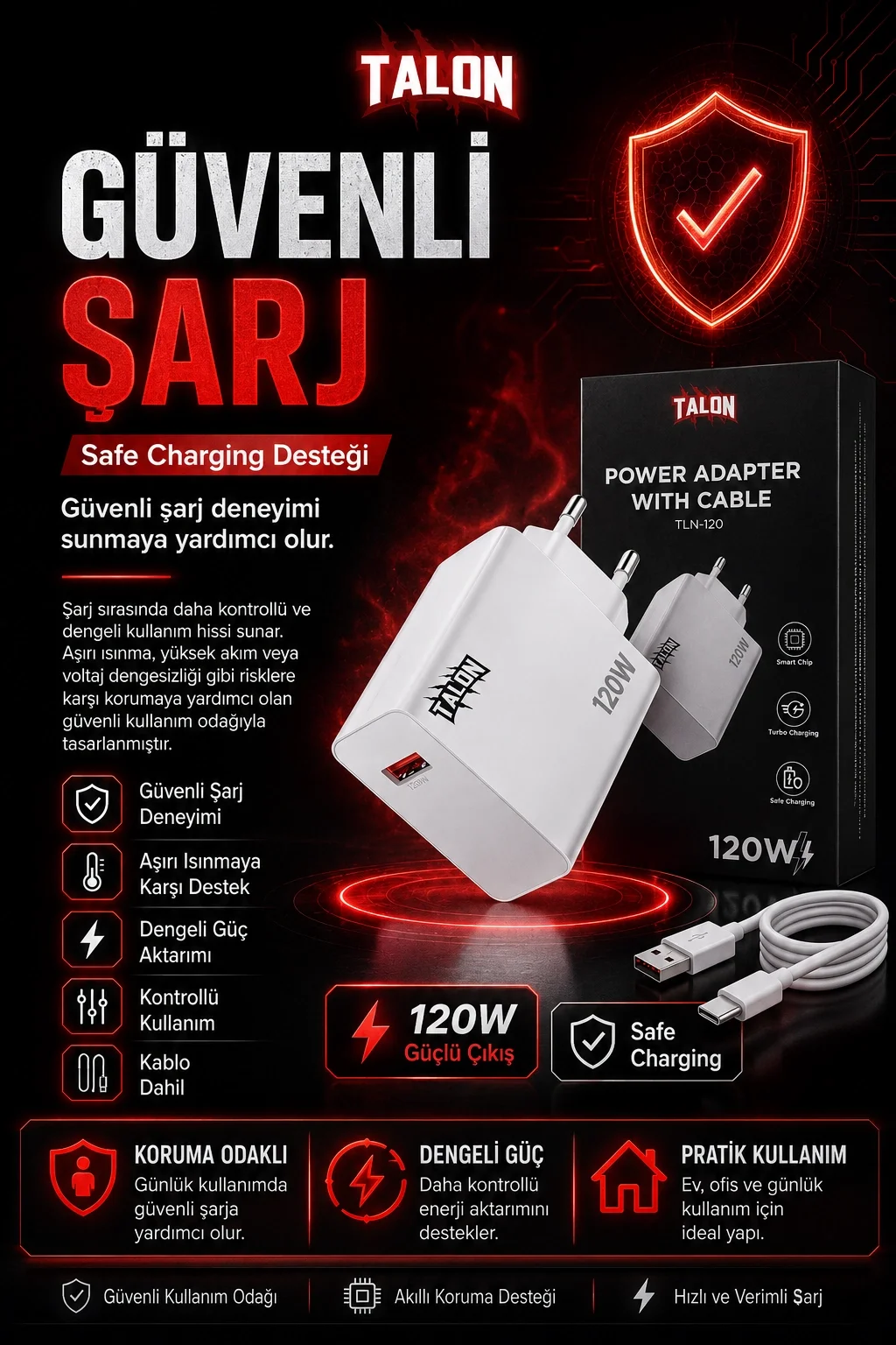 USB Kablolu 120W Güç Adaptörü Hızlı Şarj Destekli Mobil Cihaz Uyumlu Set Fiyatı, Yorumları ve Özellikleri