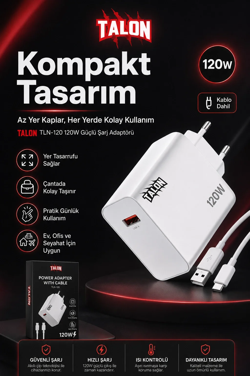 USB Kablolu 120W Güç Adaptörü Hızlı Şarj Destekli Mobil Cihaz Uyumlu Set Fiyatı, Yorumları ve Özellikleri