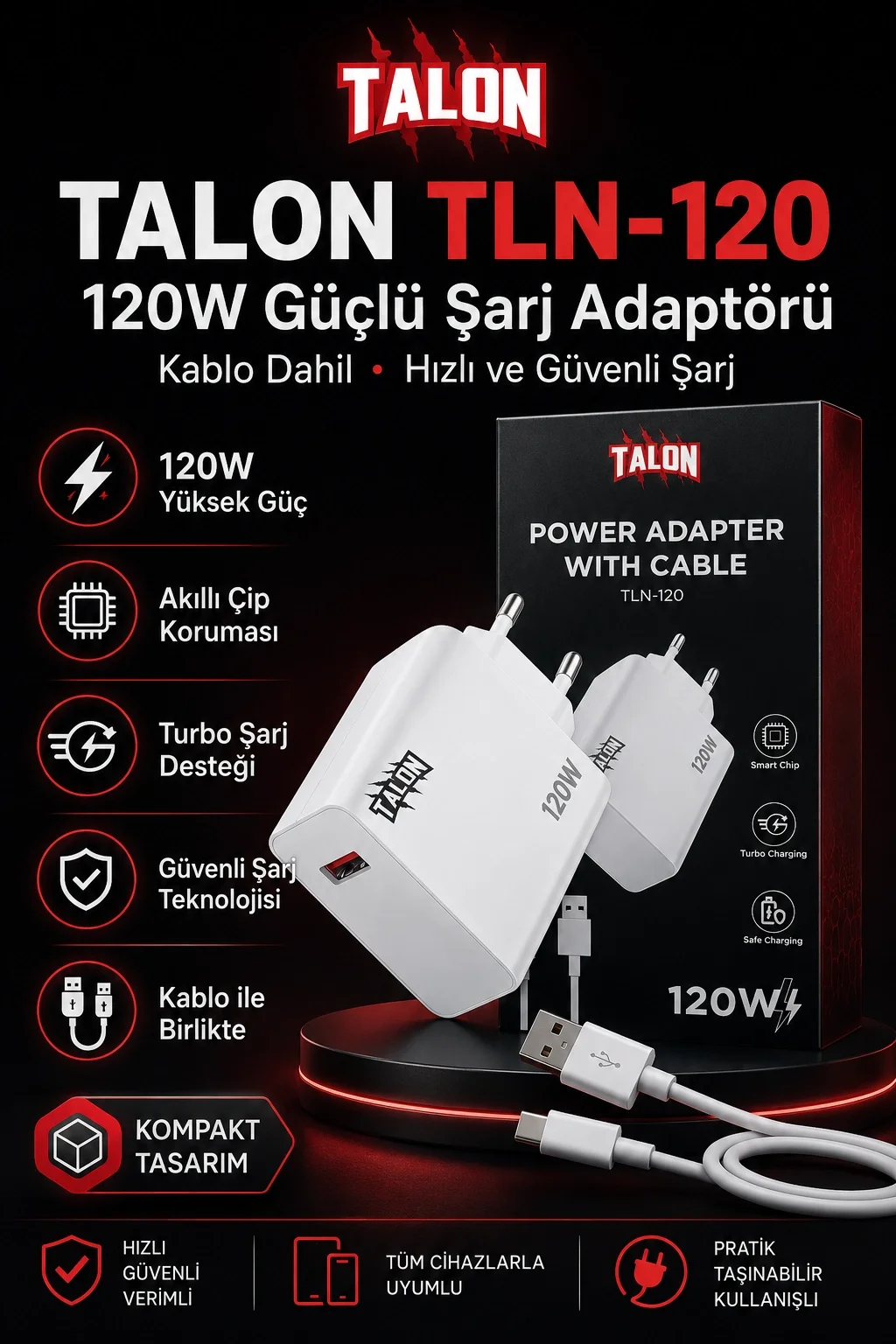 USB Kablolu 120W Güç Adaptörü Hızlı Şarj Destekli Mobil Cihaz Uyumlu Set Fiyatı, Yorumları ve Özellikleri