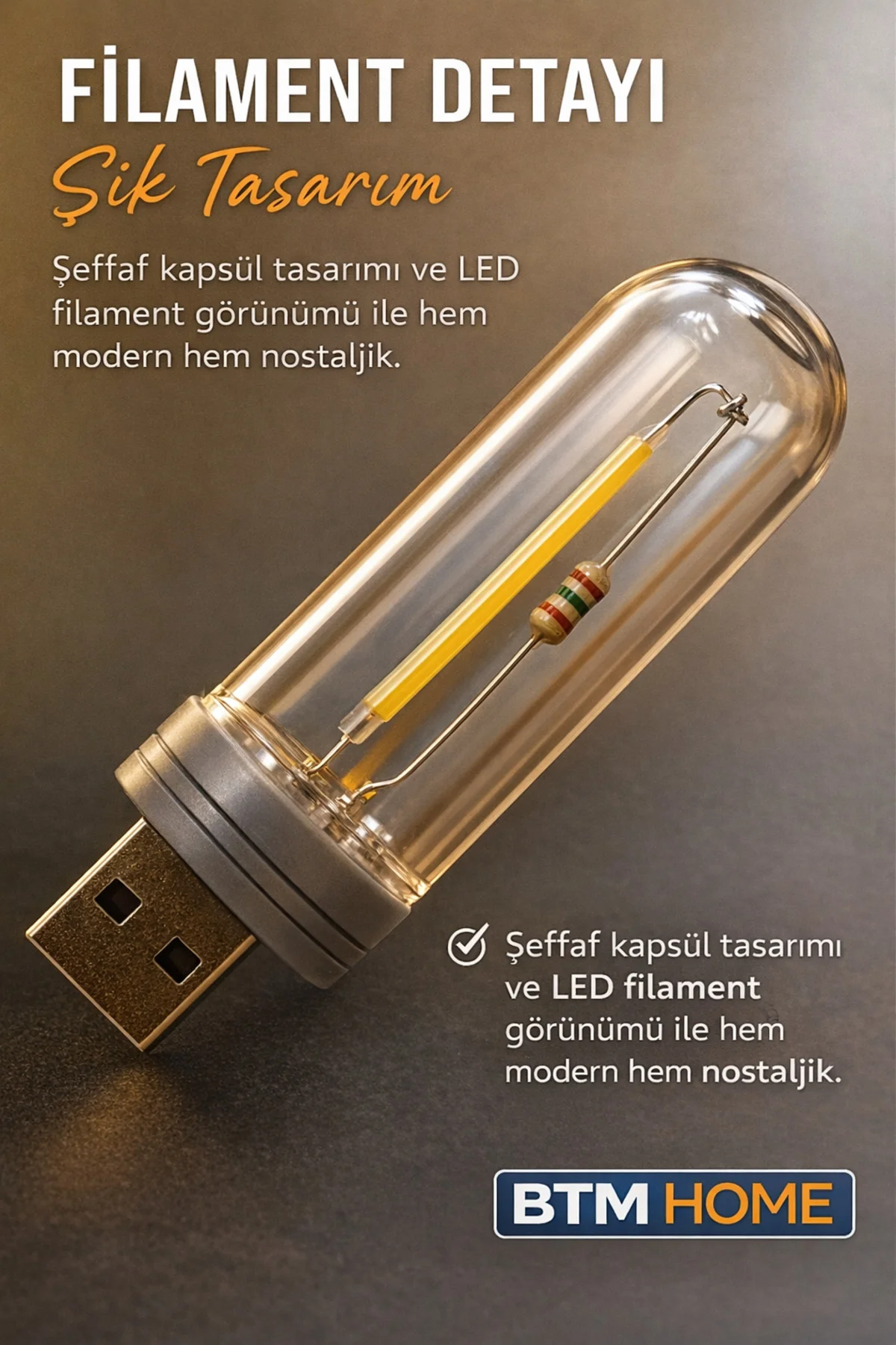 USB Mini LED Ambiyans Işığı Şeffaf Filament Tasarım Gece Lambası 