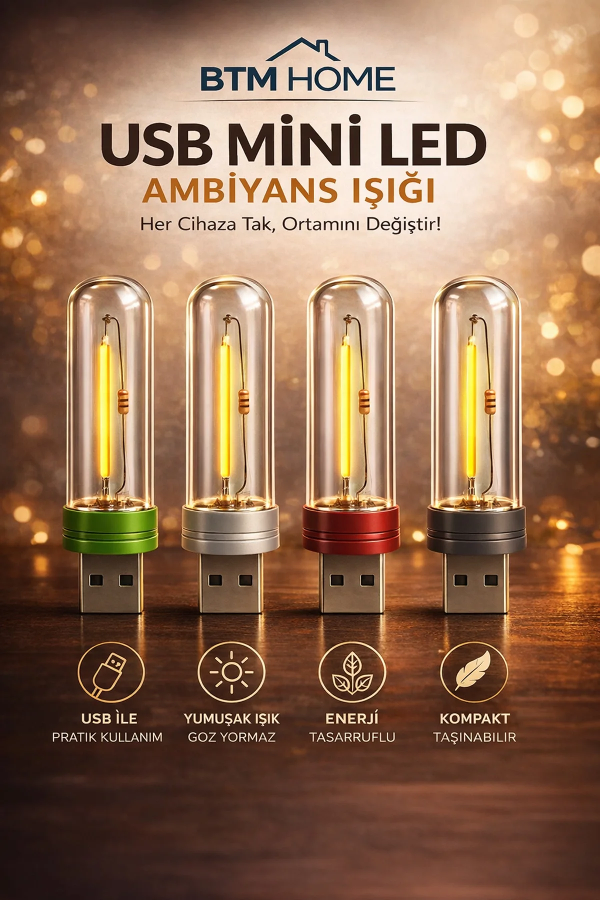USB Mini LED Ambiyans Işığı Şeffaf Filament Tasarım Gece Lambası 