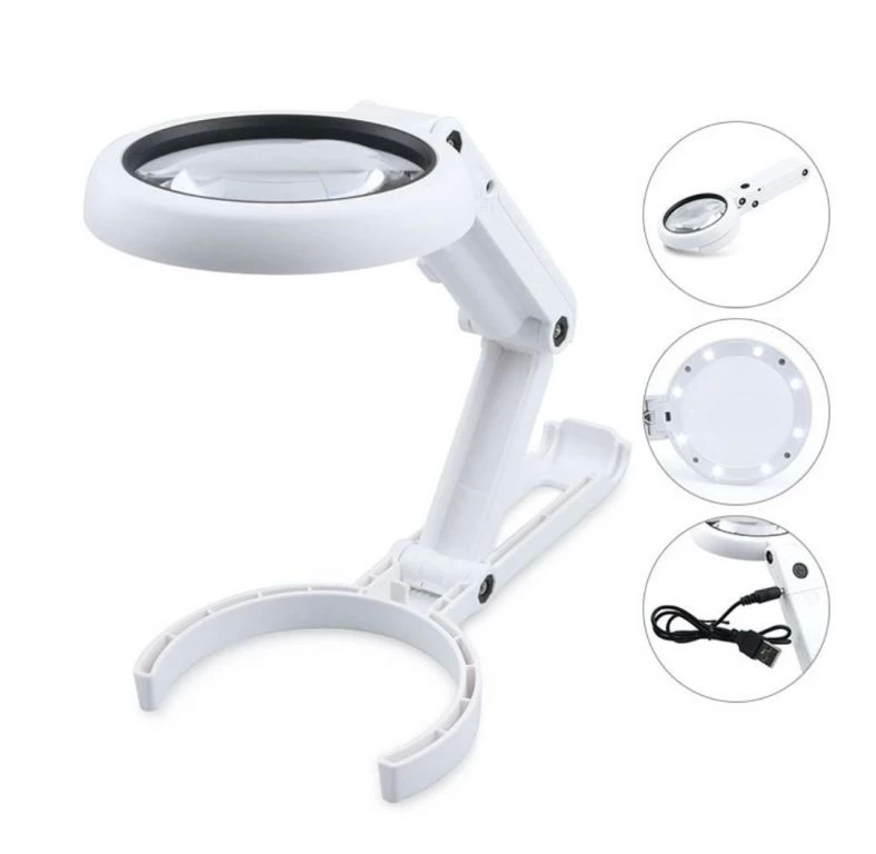 Usb Şarj Edilebilir Katlanabilir 3.5-10x Büyüteç 8 Ledli Masa Ve