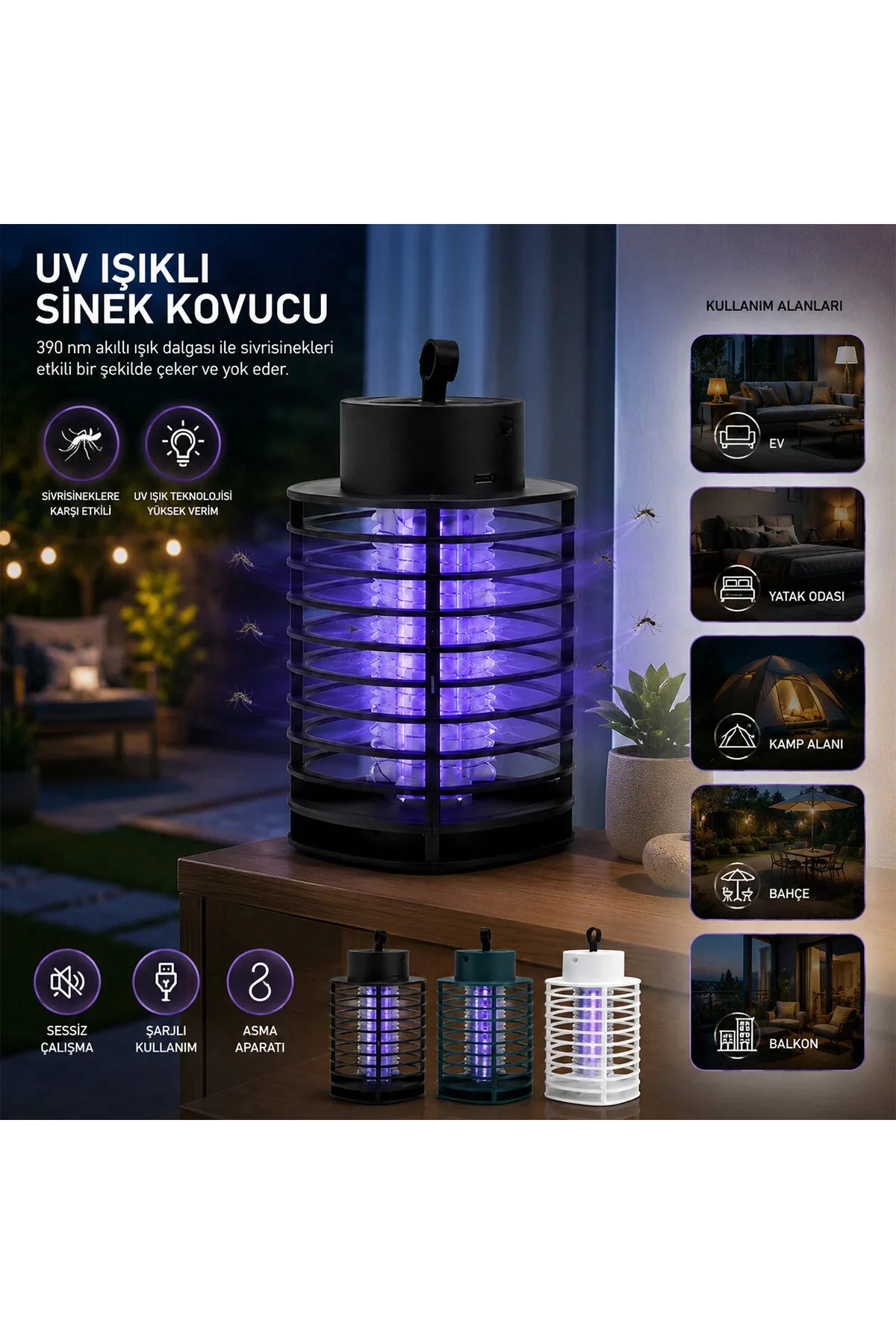 Usb Şarjlı - 2 Renk Işık Asma Aparat - Sessiz Çalışma Uv Işıklı Sinek Kovucu HS-373