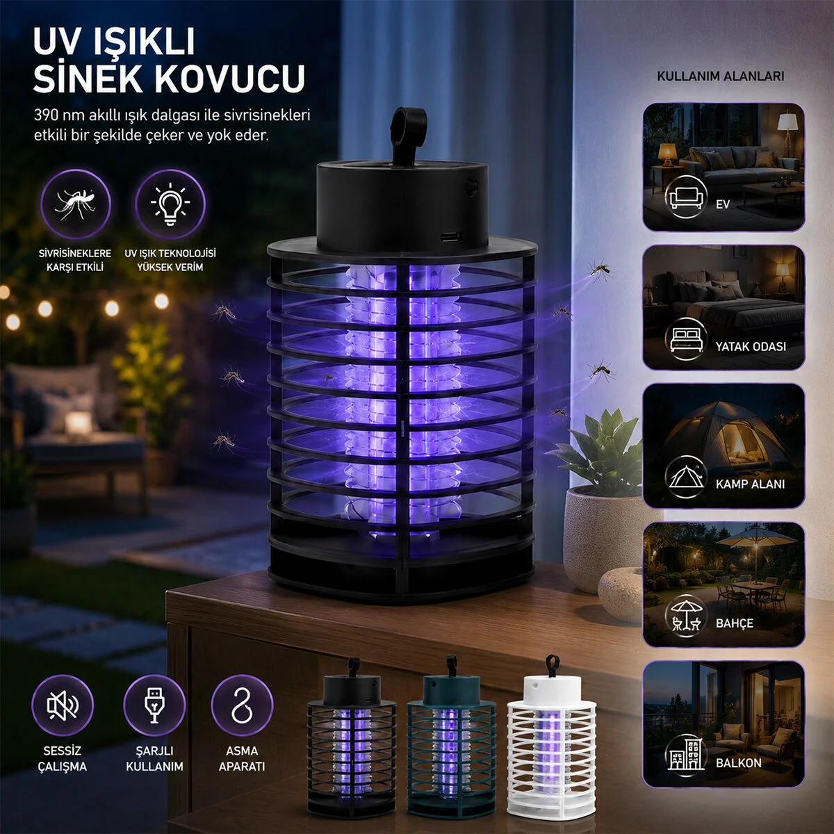 Usb Şarjlı - 2 Renk Işık Asma Aparat - Sessiz Çalışma Uv Işıklı Sinek Kovucu HS-373 Fiyatı, Yorumları ve Özellikleri