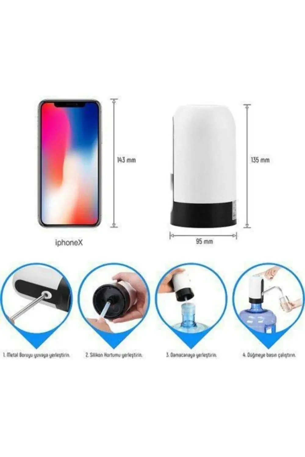 Usb Şarjlı Elektrikli Otomatik Damacana Su Pompası Beyaz