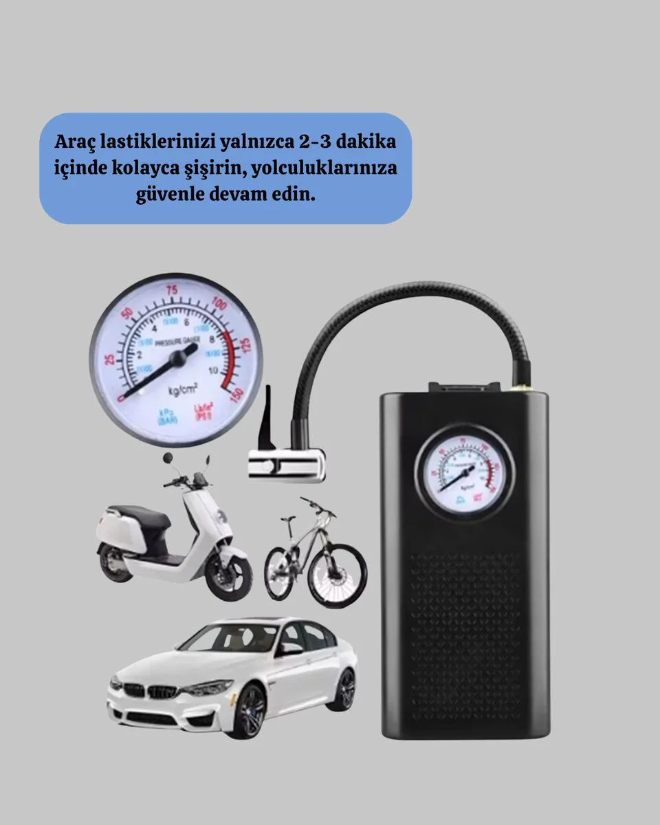 USB Şarjlı Kompakt Elektrikli Hava Kompresörü 3000 mAh - Lastik Pompası ve Şişirici