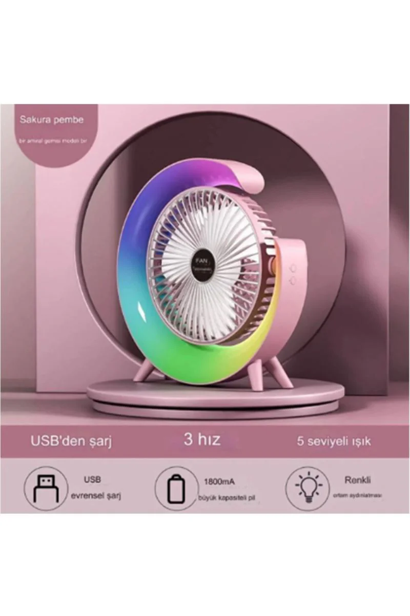 USB Şarjlı Masaüstü Vantilatör – RGB LED’li 3 Kademeli 180° Ayarlanabilir Soğutucu Fan Pembe Fiyatı, Yorumları ve Özellikleri