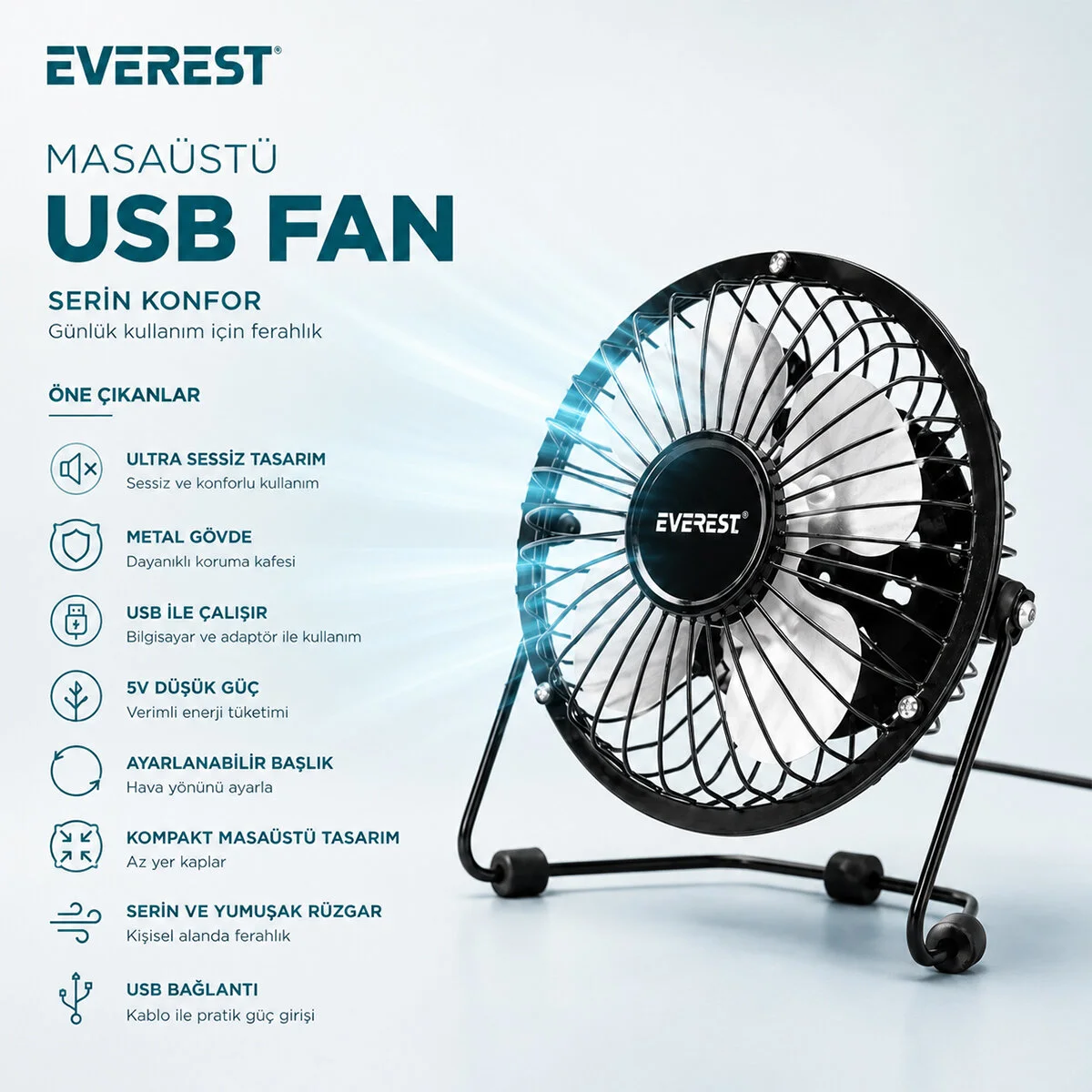 Usb Şarjlı - Metal Gövde 14.5X7.5X15CM Mini Masaüstü Fan - Vantilatör EFN-482 Fiyatı, Yorumları ve Özellikleri