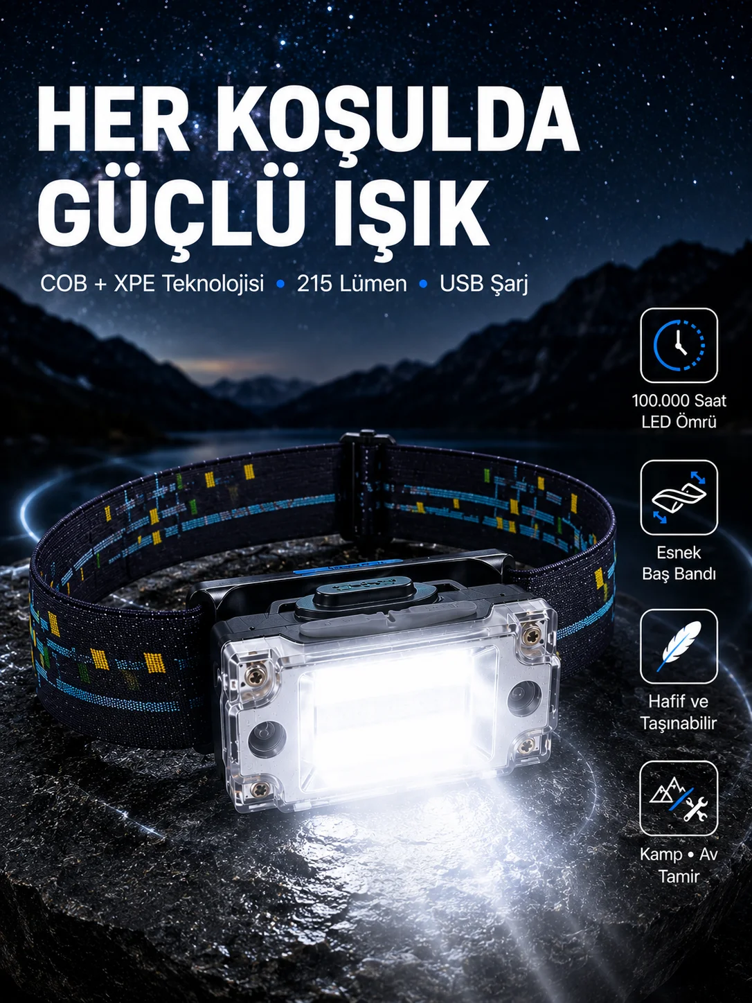 USB Şarjlı Mini LED KAFA Feneri 50m Odak 150m Geniş Aydınlatma Yeni Nesil