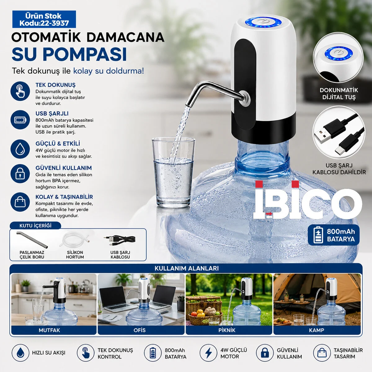 USB ŞARJLI - OTOMATİK DAMACANA SU POMPASI 4W - 800mAH İ11-071 USB ŞARJLI - OTOMATİK DAMACANA SU POMPASI 4W - 800mAH İ11-071
