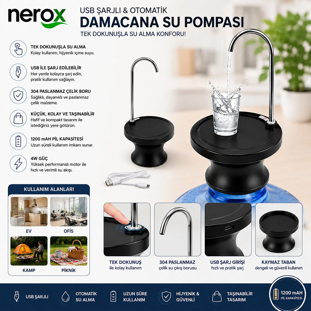 USB ŞARJLI - OTOMATİK DAMACANA SU POMPASI - STAND 360° BAŞLIK NRX