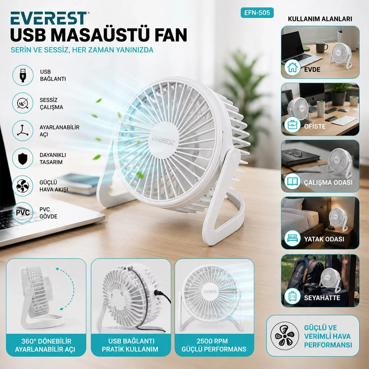 Usb Şarjlı - Pvc Gövde 14.5x14.1cm Masa Üstü Fan - Vantilatör Efn-505 Bx40 Fiyatı, Yorumları ve Özellikleri
