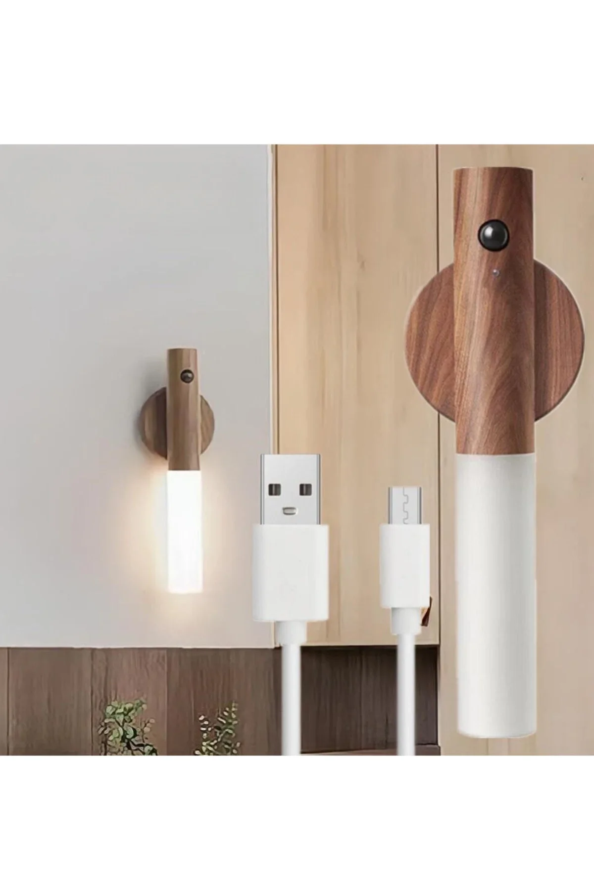 USB Şarjlı Sensörlü Mıknatıslı Ahşap Görünümlü Taşınabilir Duvar Aplik