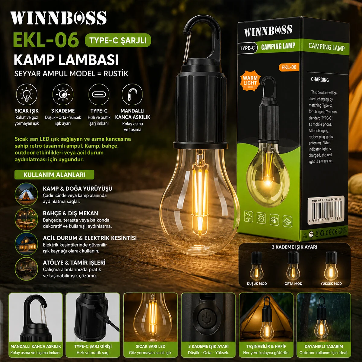 Usb Şarjlı Seyyar Ampul Model=rustik Kamp Lambası Mandallı Kanca Askılık 3-KADEME Işık EKL-06 G-912 Fiyatı, Yorumları ve Özellikleri