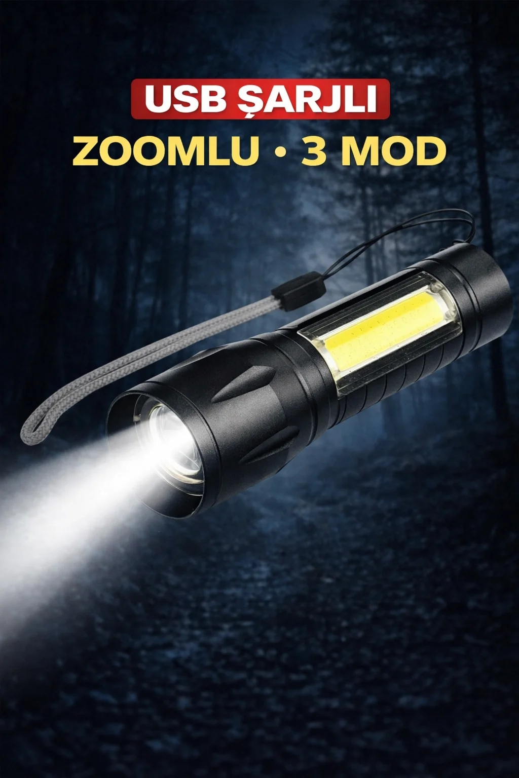 USB Şarjlı Zoomlu Mini El Feneri Q5 Güçlü Işık Yan COB LED SOS Mo