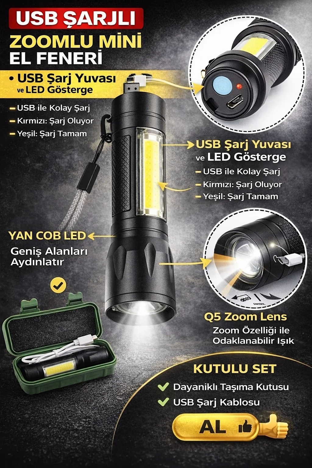 USB Şarjlı Zoomlu Mini El Feneri Q5 Güçlü Işık Yan COB LED SOS Mo