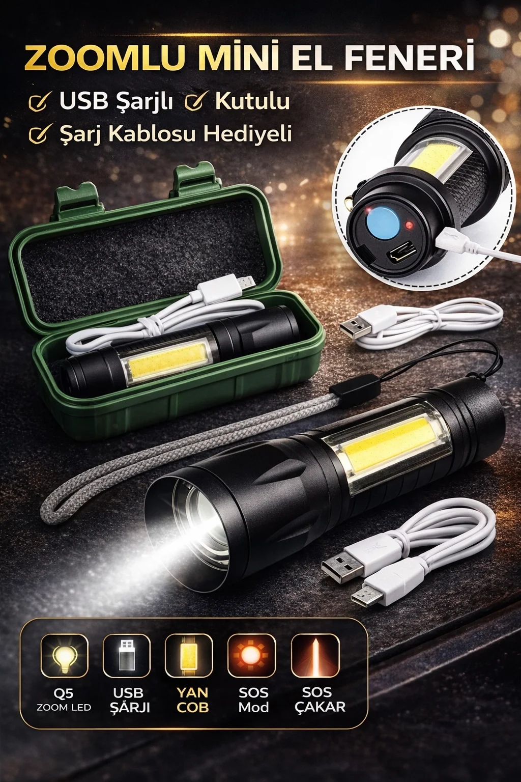 USB Şarjlı Zoomlu Mini El Feneri Q5 Güçlü Işık Yan COB LED SOS Mo