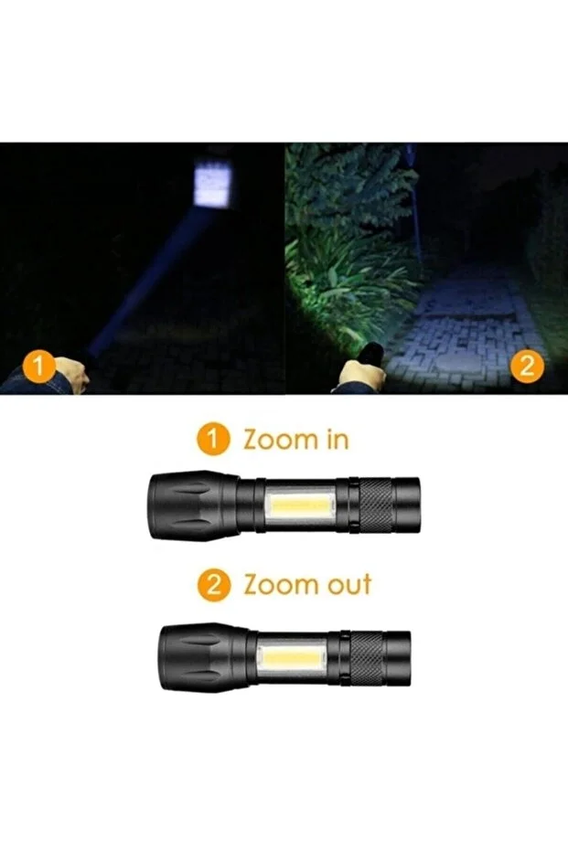 USB Şarjlı Zoomlu Mini El Feneri Q5 Güçlü Işık Yan COB LED SOS Mo