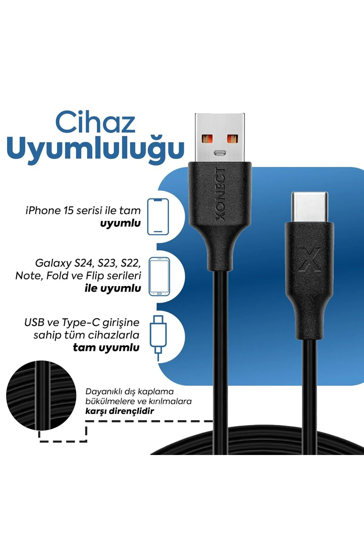 USB to Type-C ile Uyumlu iPhone ve Samsung ile Uyumlu Hızlı Şarj ve Data Kablosu 100 cm (Siyah)