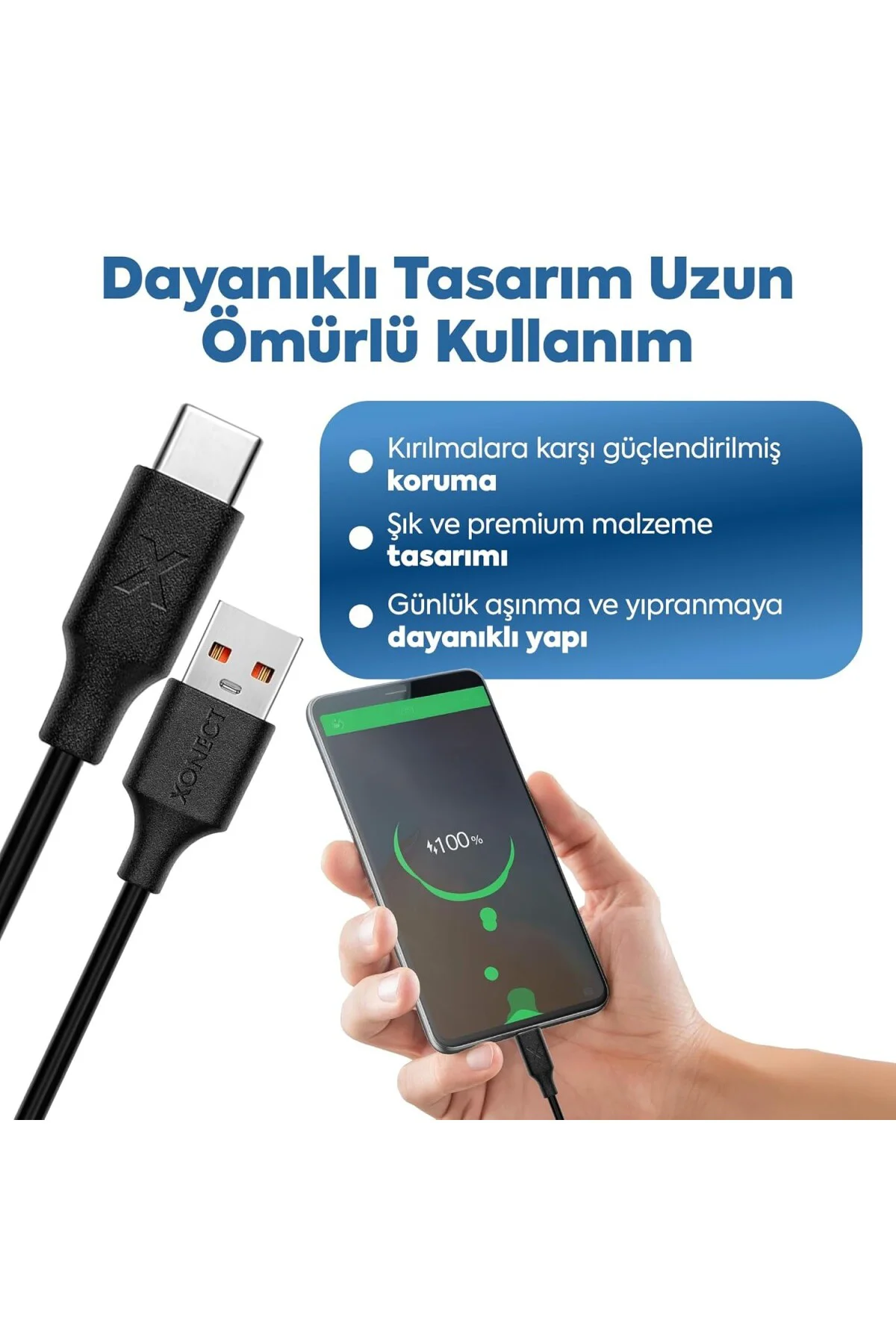USB to Type-C ile Uyumlu iPhone ve Samsung ile Uyumlu Hızlı Şarj ve Data Kablosu 100 cm (Siyah)