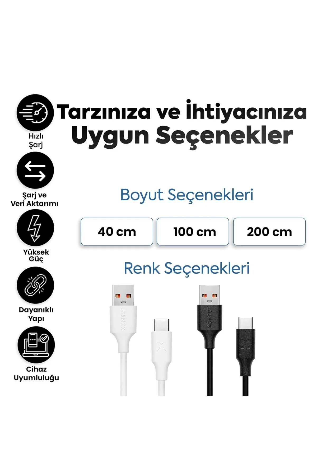 USB to Type-C ile Uyumlu iPhone ve Samsung ile Uyumlu Hızlı Şarj ve Data Kablosu 100 cm (Siyah)