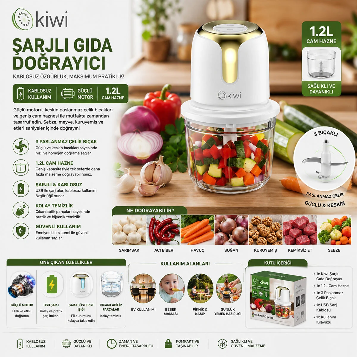 Usb To Type-c Şarjlı Mini 3 Bıçaklı Gold Blender Rondo Gıda Doğrayıcı 1.2LT=MİKA Kristal Hazne KC-8221 Fiyatı, Yorumları ve Özellikleri