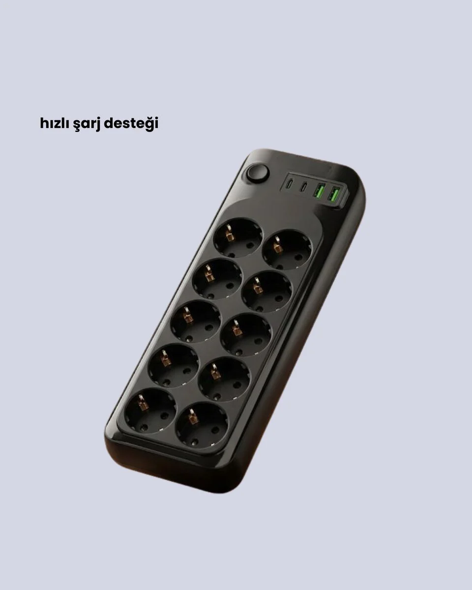 USB Type-C Destekli 10’lu Grup Priz Termal Korumalı 2m Kablo 2500W