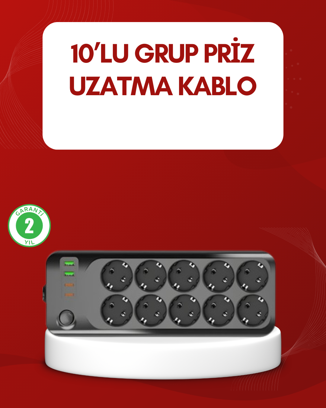 USB Type-C Destekli 10’lu Grup Priz Termal Korumalı 2m Kablo 2500