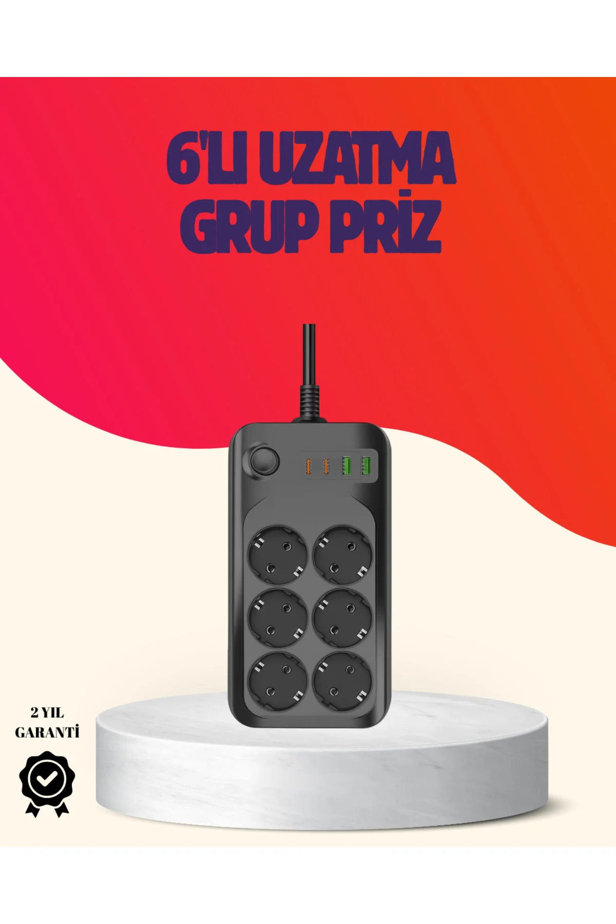 USB Type-C Destekli Termal Korumalı 6’lı Uzatma Priz 10A 2m