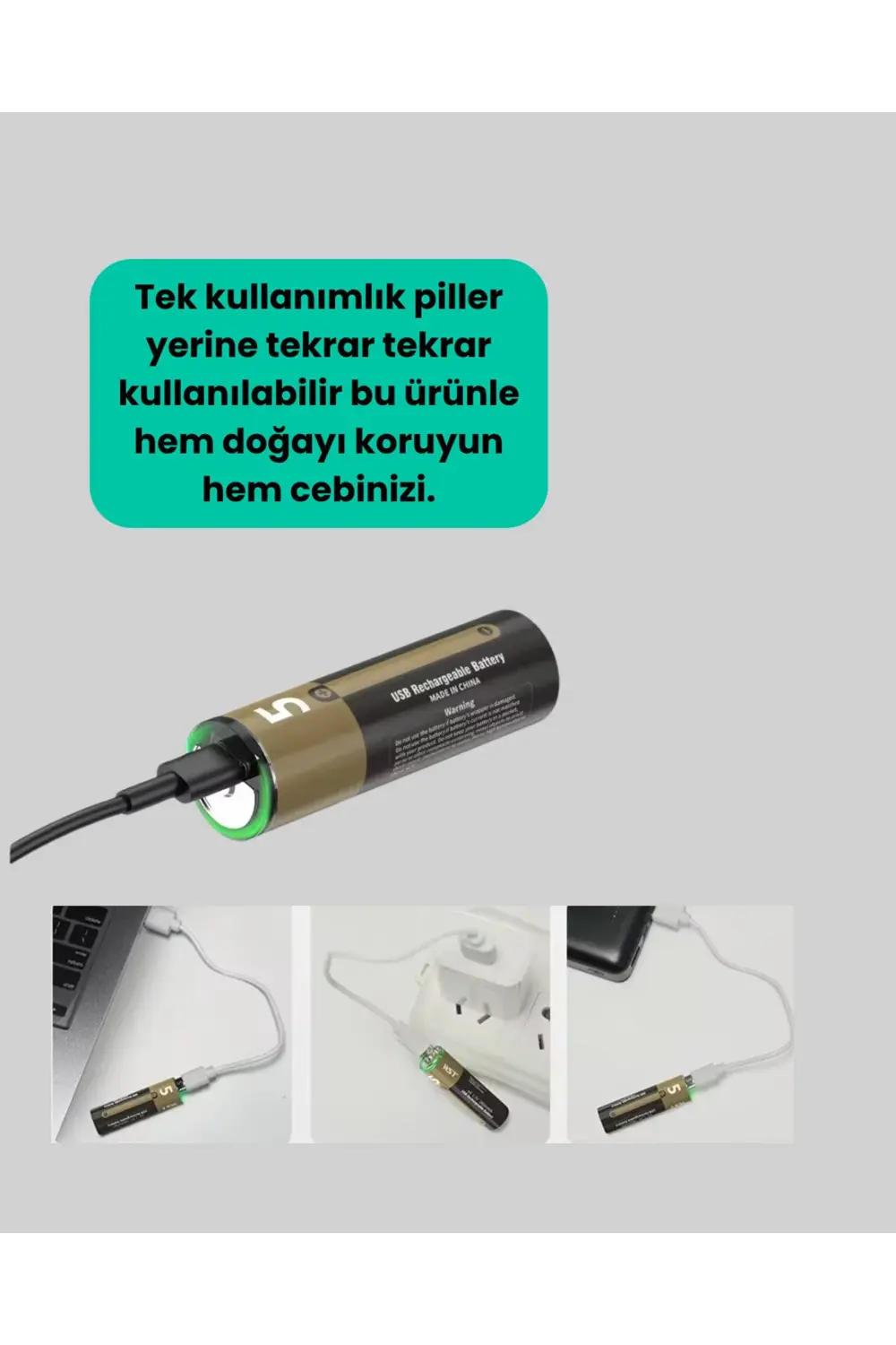 USB Type-C ile Hızlı Şarj Edilebilen AA Lityum Pil