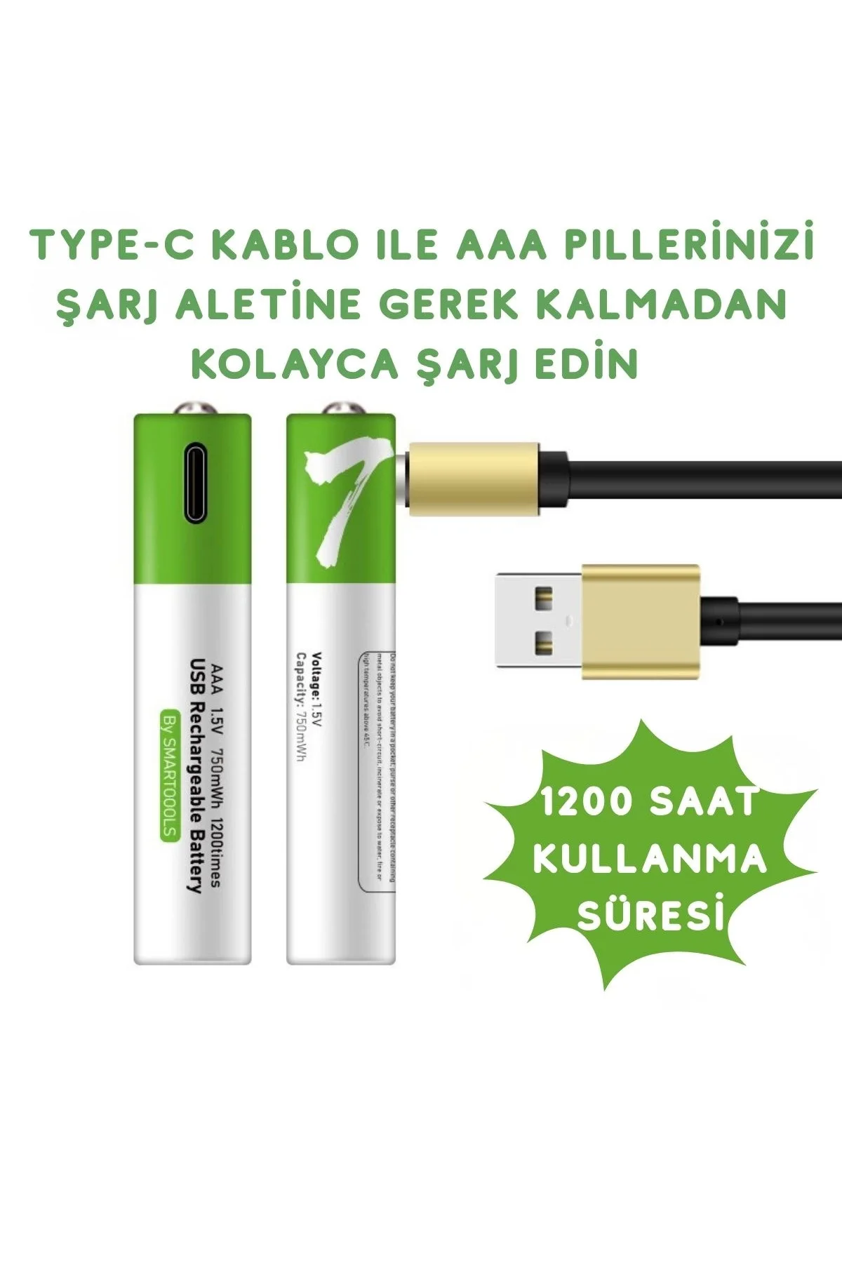 Usb Type-C ile Şarjolabilen 4 Adet AAA 1.5V Lityum Şarjlı Kalem P