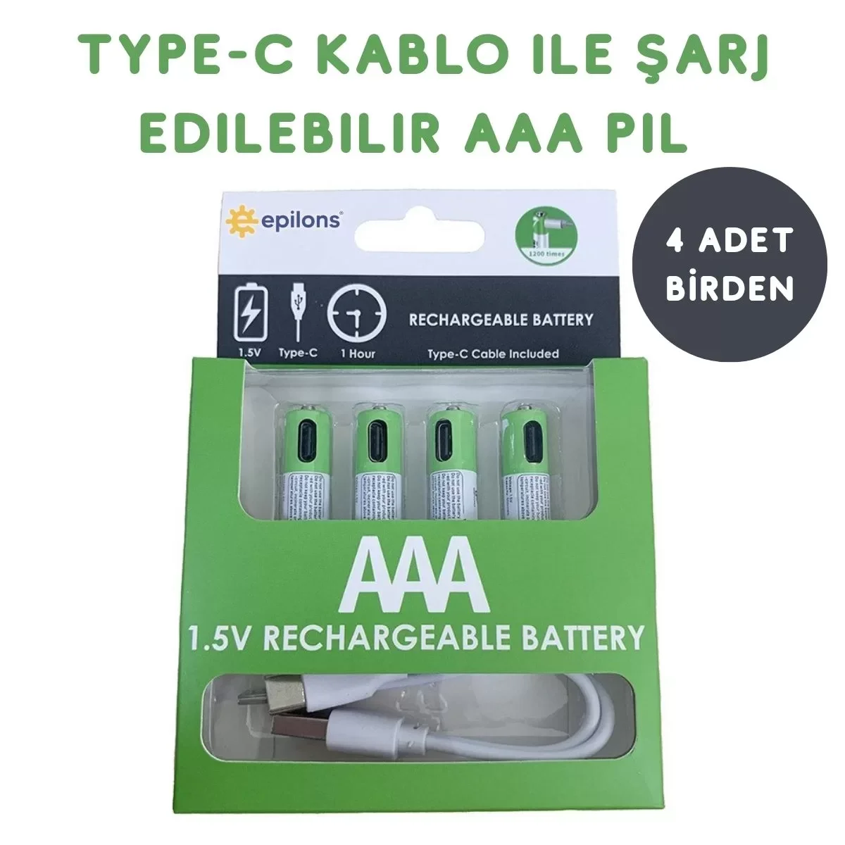 Usb Type-C ile Şarjolabilen 4 Adet AAA 1.5V Lityum Şarjlı Kalem Pil 750 mAH Uzun Ömürlü ( Lisinya )