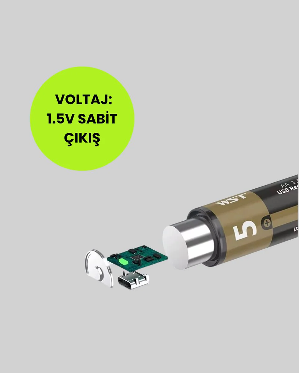 USB Type-C Şarjlı AA Lityum Pil 3200mWh - 1.5V Sabit Çıkış, 2'li Paket