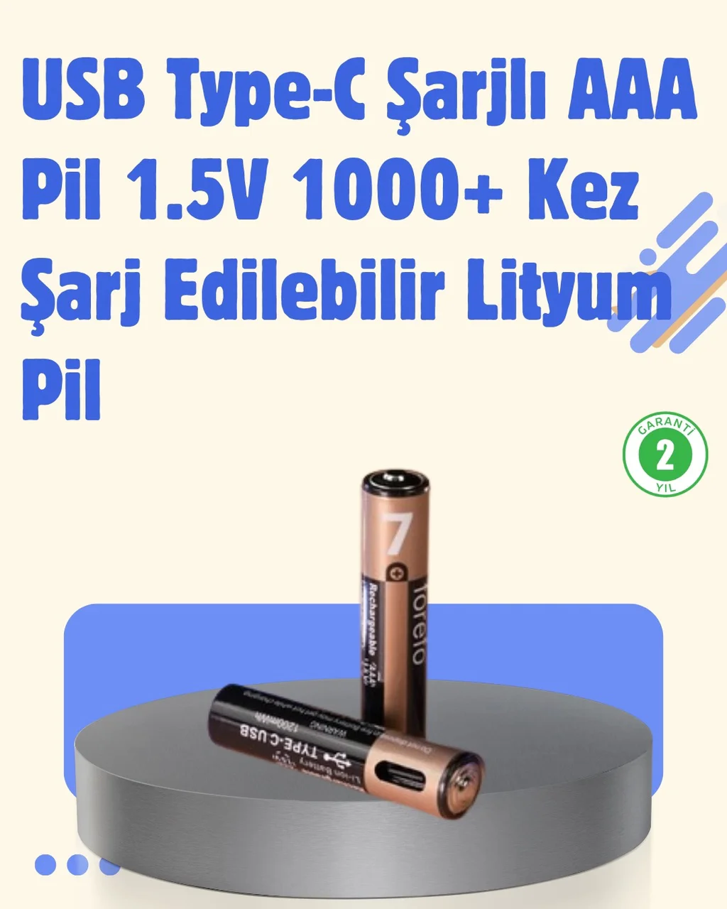Usb Type-c Şarjlı Aaa Lityum Pil 1.5v Sabit Voltaj, 1000+ Şarj Dö