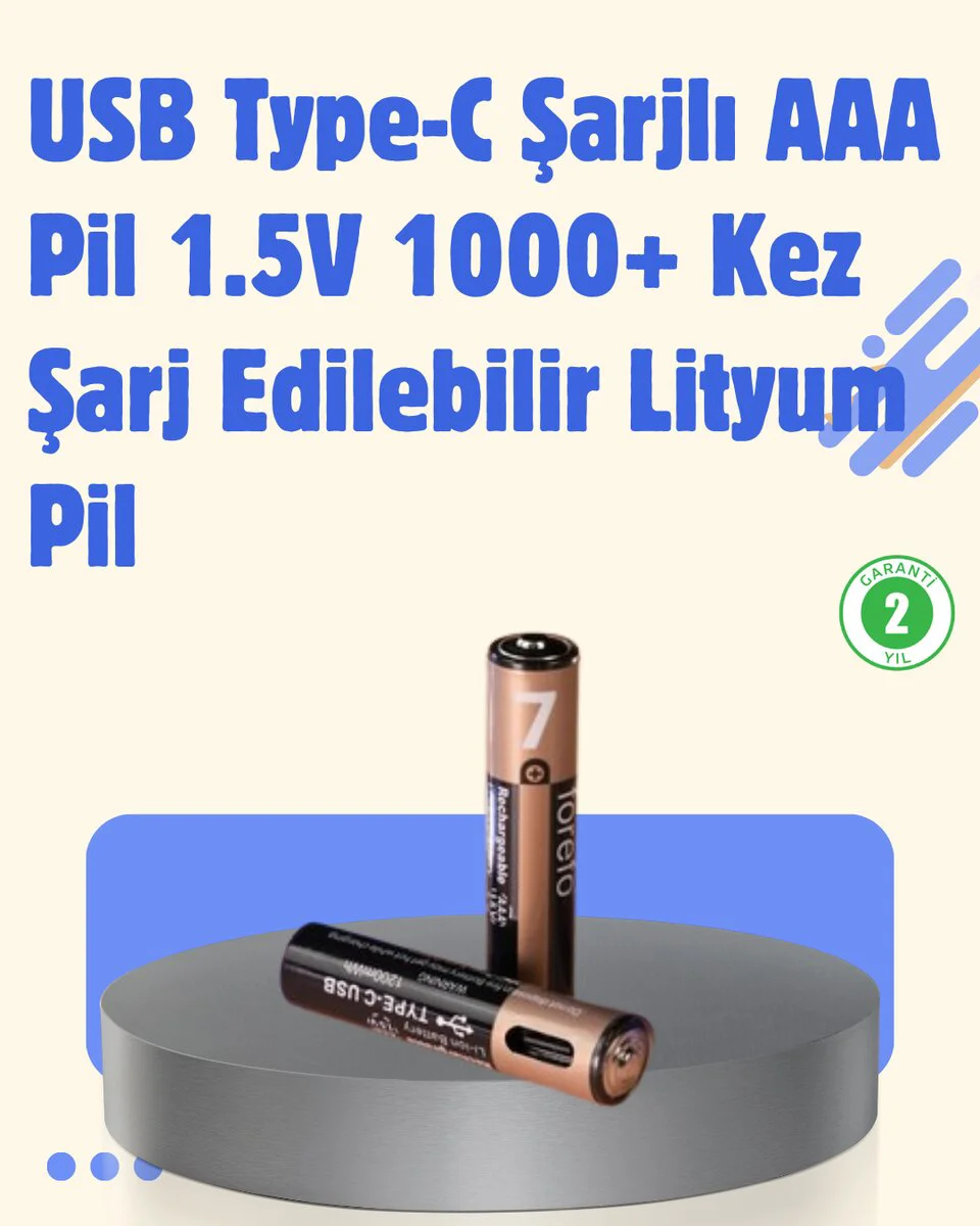 USB Type-C Şarjlı AAA Lityum Pil | 1.5V Sabit Voltaj 1000+ Şarj Döngüsü ile Uzun Ömür