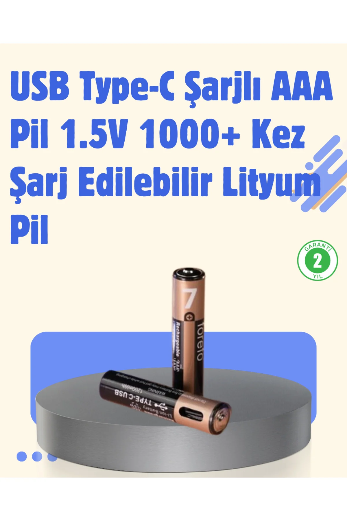 USB Type-C Şarjlı AAA Lityum Pil 1000+ Şarj Döngüsü ile Uzun Ömür