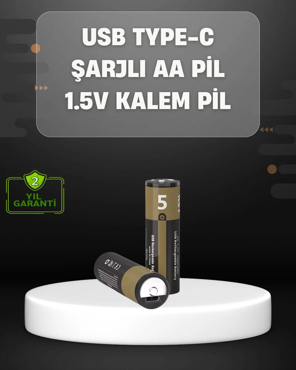 USB Type-C Şarjlı AA Lityum Pil 3200mWh - 1.5V Sabit Çıkış, 2'li Paket