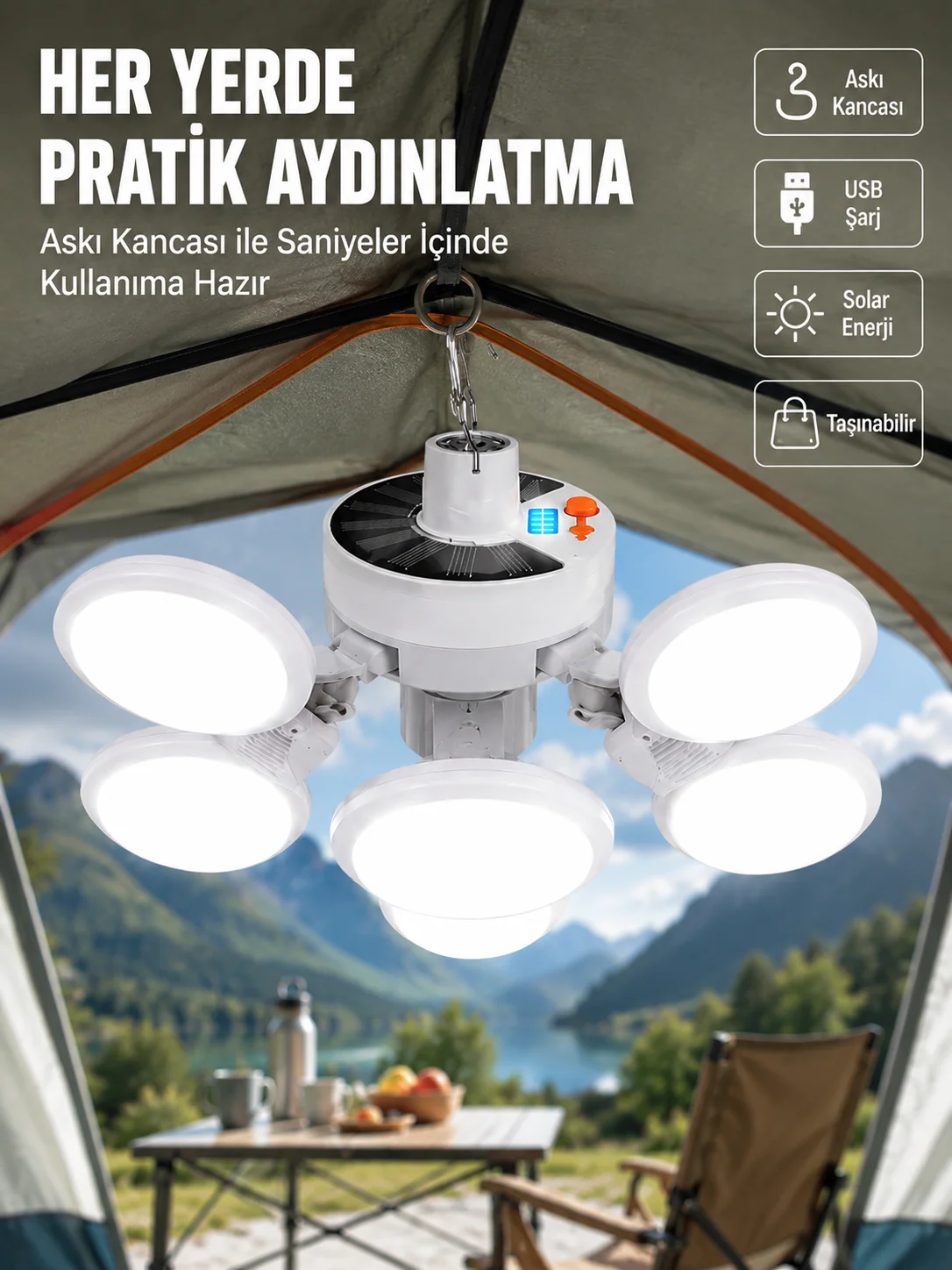 USB ve Solar Şarjlı Katlanabilir 5 Taraflı LED Lamba USB ve Solar Şarjlı Katlanabilir 5 Taraflı LED Lamba