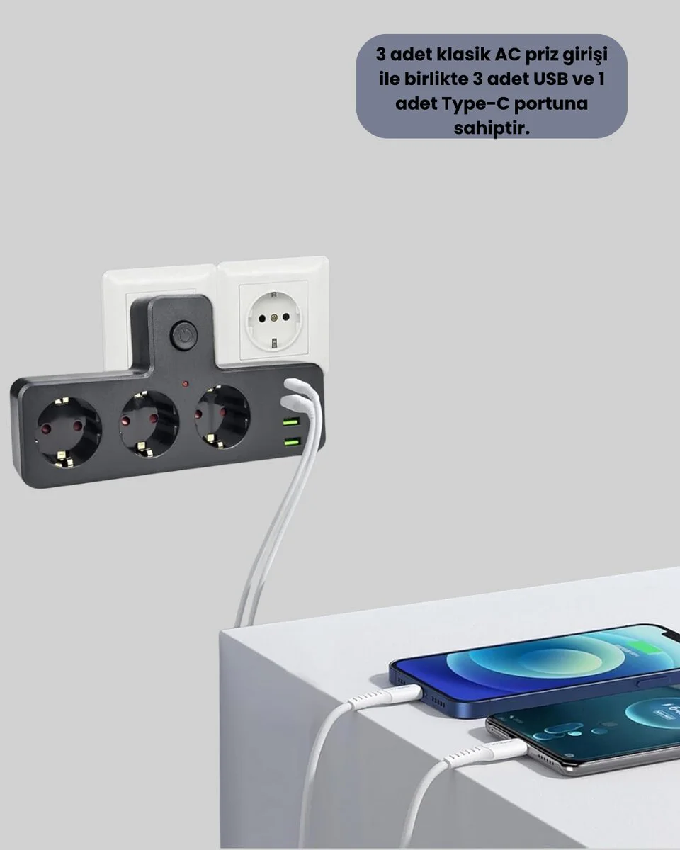 USB ve Type-C Portlu Anahtarlı Çoklu Priz Güç Ünitesi - Ev ve Ofis İçin Akıllı Çözüm