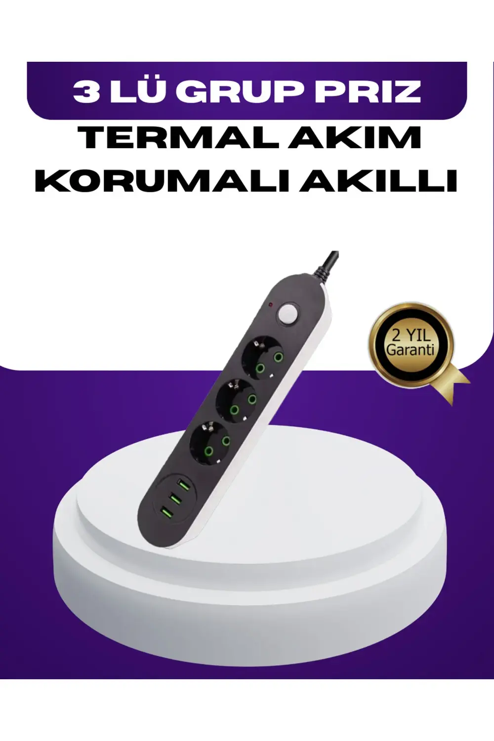 USB Yuvalı Anahtarlı Üçlü Priz 2 Metre Kablolu