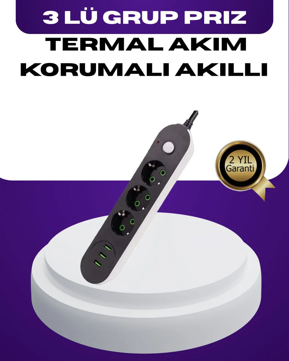USB Yuvalı Anahtarlı Üçlü Priz 2 Metre - Hızlı Şarj ve Güvenli Enerji